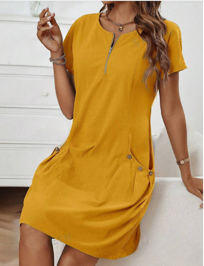 Nortrud | Women’s Short-Sleeve Dress with Zip Neck and Utility Pockets