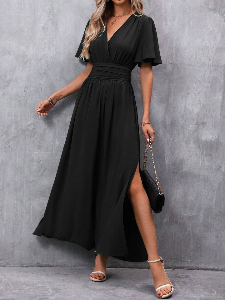 Carol | Women’s V-neck Maxi Dress with Short Sleeves and Slit