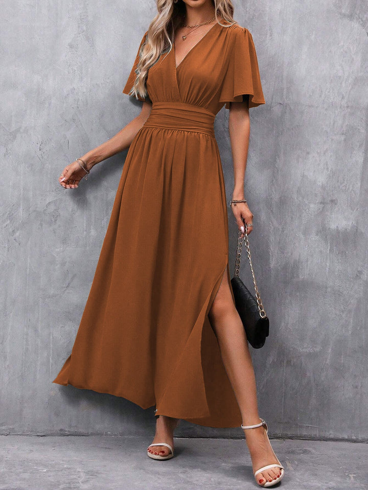 Carol | Women’s V-neck Maxi Dress with Short Sleeves and Slit