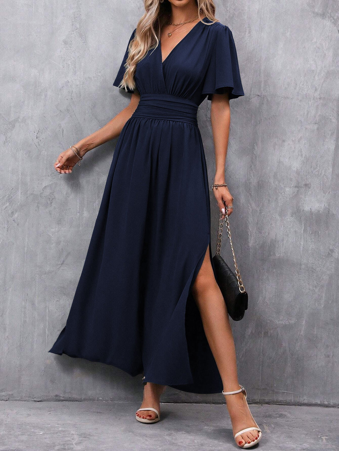 Carol | Women’s V-neck Maxi Dress with Short Sleeves and Slit