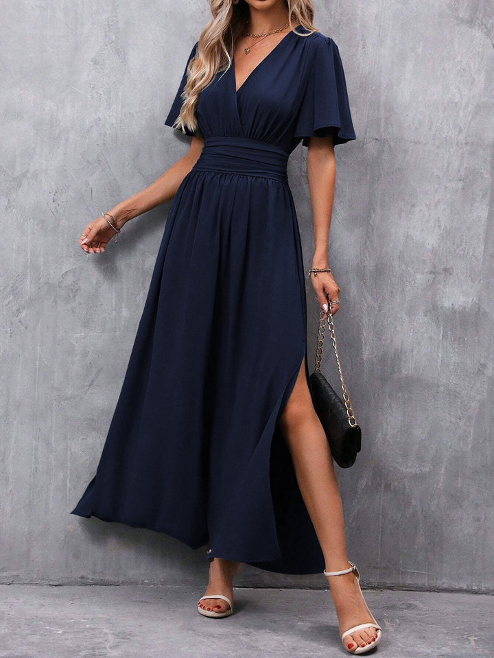 Carol | Women’s V-neck Maxi Dress with Short Sleeves and Slit