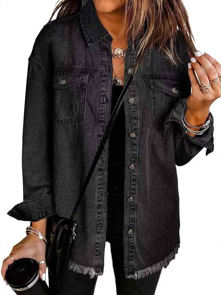 Cressida | Women's Classic Button Front Denim Jacket with Tassel Hem