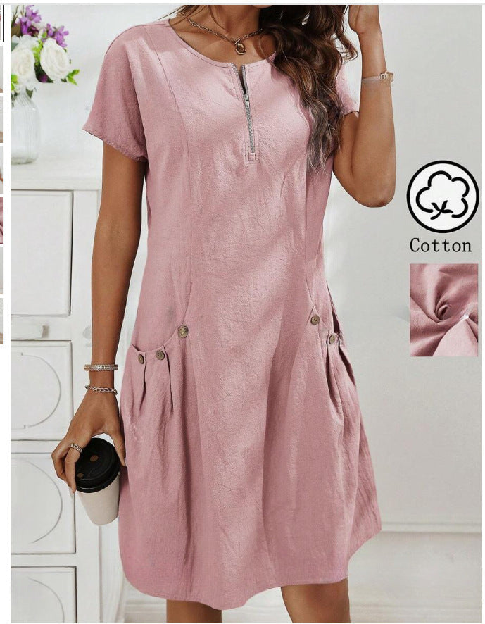 Nortrud | Women’s Short-Sleeve Dress with Zip Neck and Utility Pockets