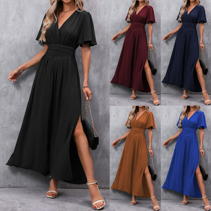 Carol | Women’s V-neck Maxi Dress with Short Sleeves and Slit