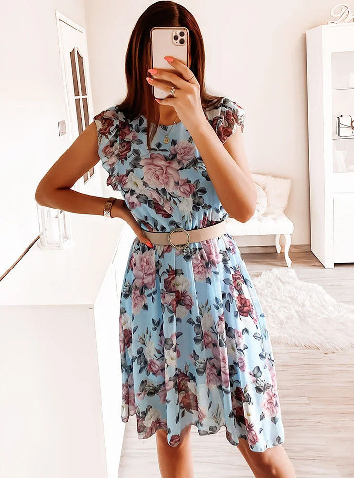 Annelie | Women’s Floral Chiffon Midi Dress with Ruffle Sleeves