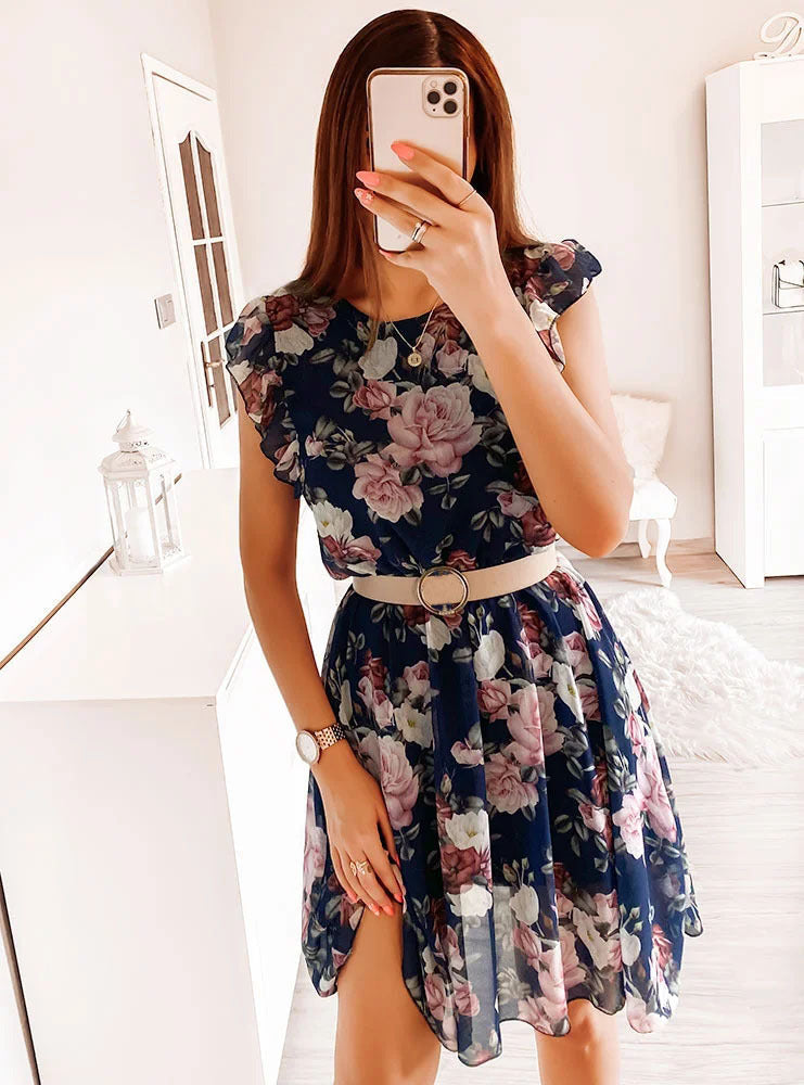 Annelie | Women’s Floral Chiffon Midi Dress with Ruffle Sleeves