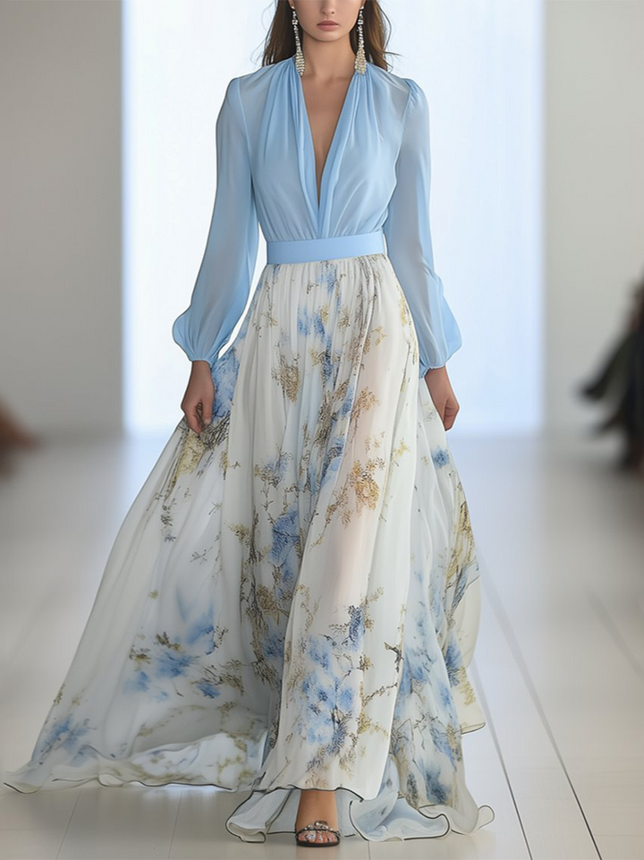 Daphra | Women's Dazzling Floral Maxi Dress with Long Sleeve and V-neck