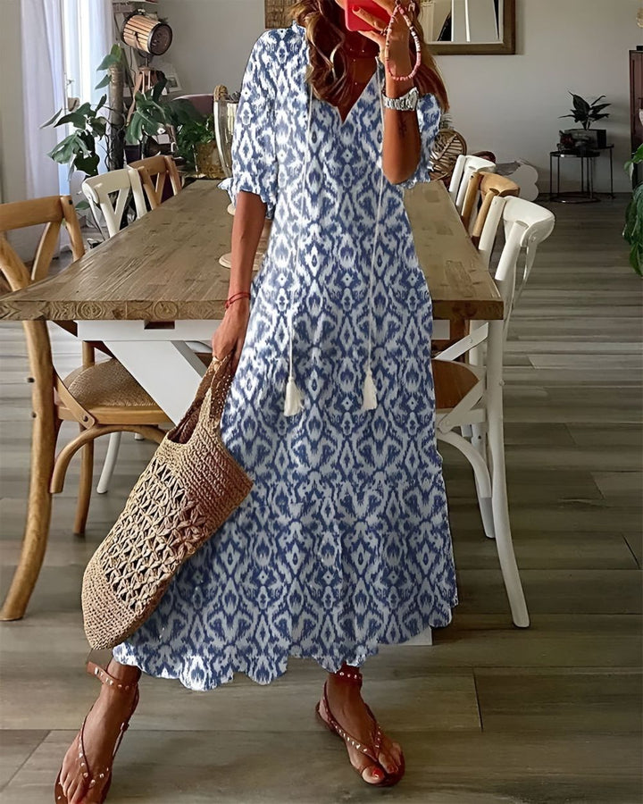 Marla | Women's Boho Print Loose Fit Midi Dress with Drawstring
