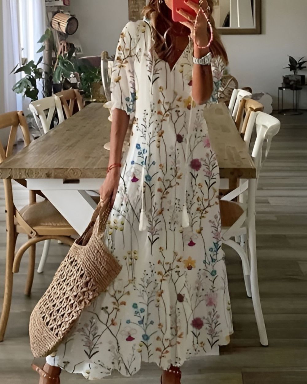 Marla | Women's Boho Print Loose Fit Midi Dress with Drawstring