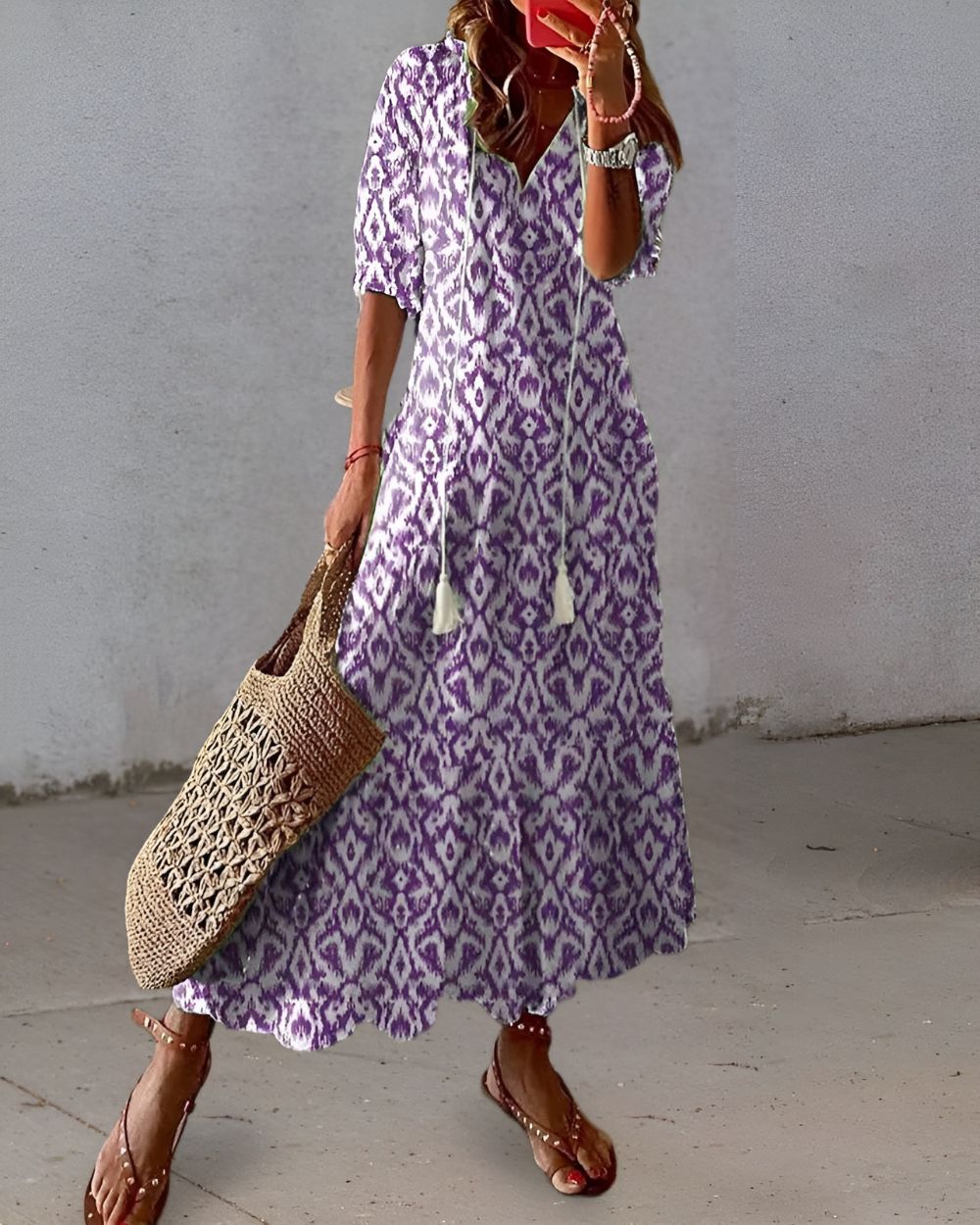 Marla | Women's Boho Print Loose Fit Midi Dress with Drawstring