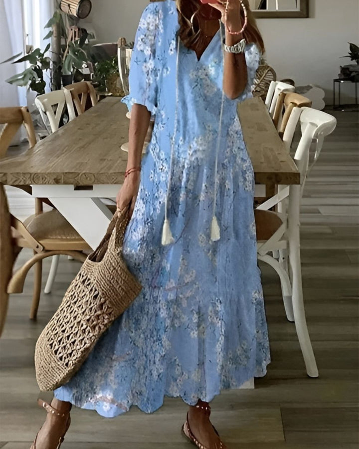 Marla | Women's Boho Print Loose Fit Midi Dress with Drawstring