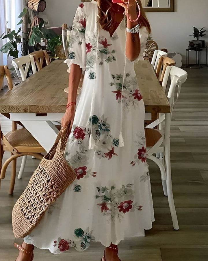 Marla | Women's Boho Print Loose Fit Midi Dress with Drawstring