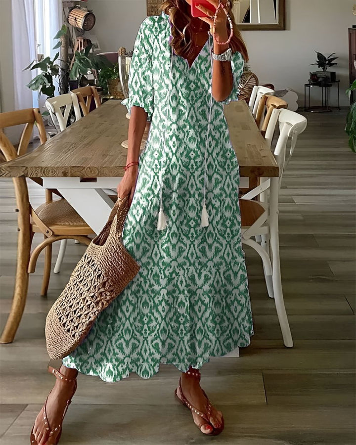 Marla | Women's Boho Print Loose Fit Midi Dress with Drawstring