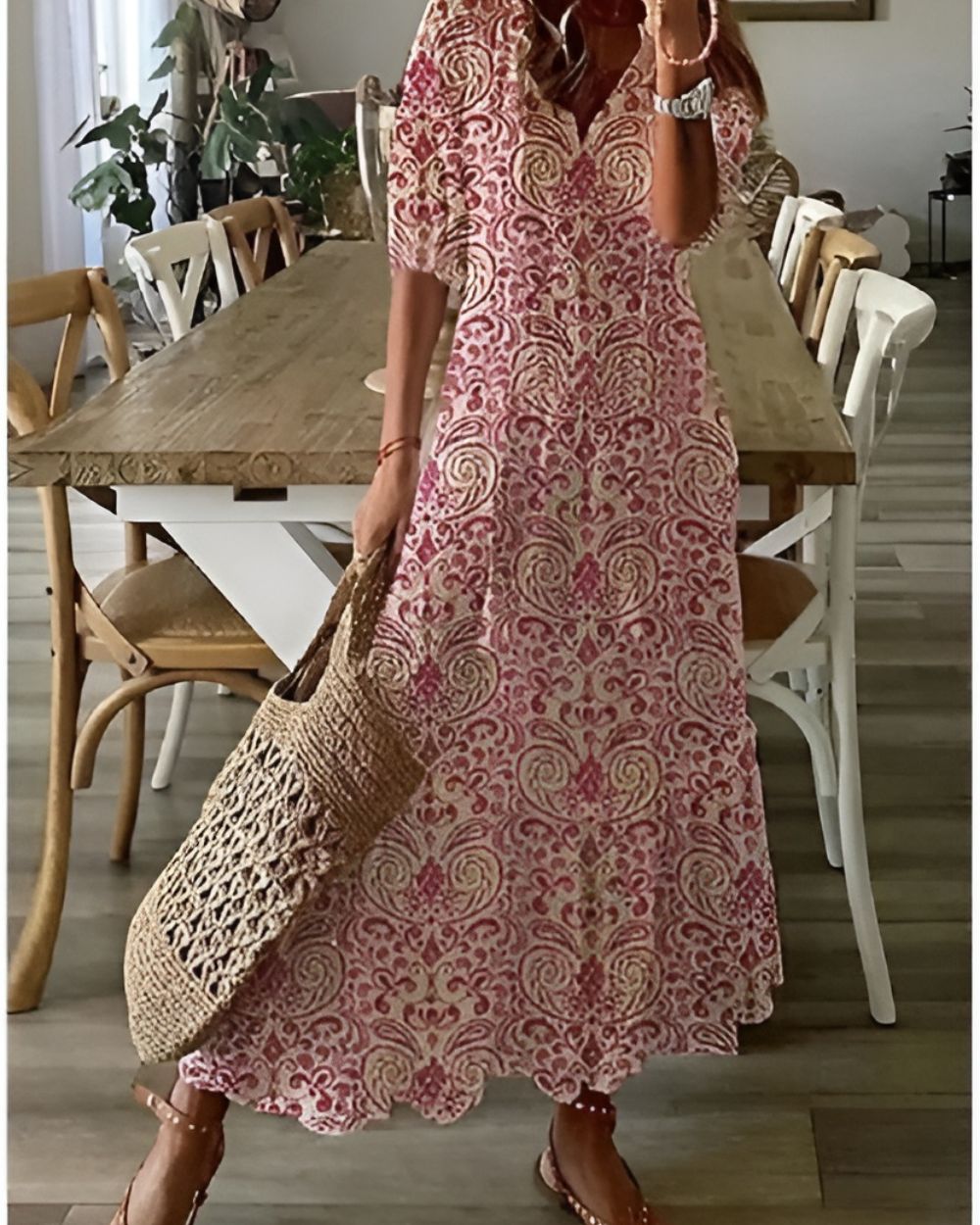 Marla | Women's Boho Print Loose Fit Midi Dress with Drawstring