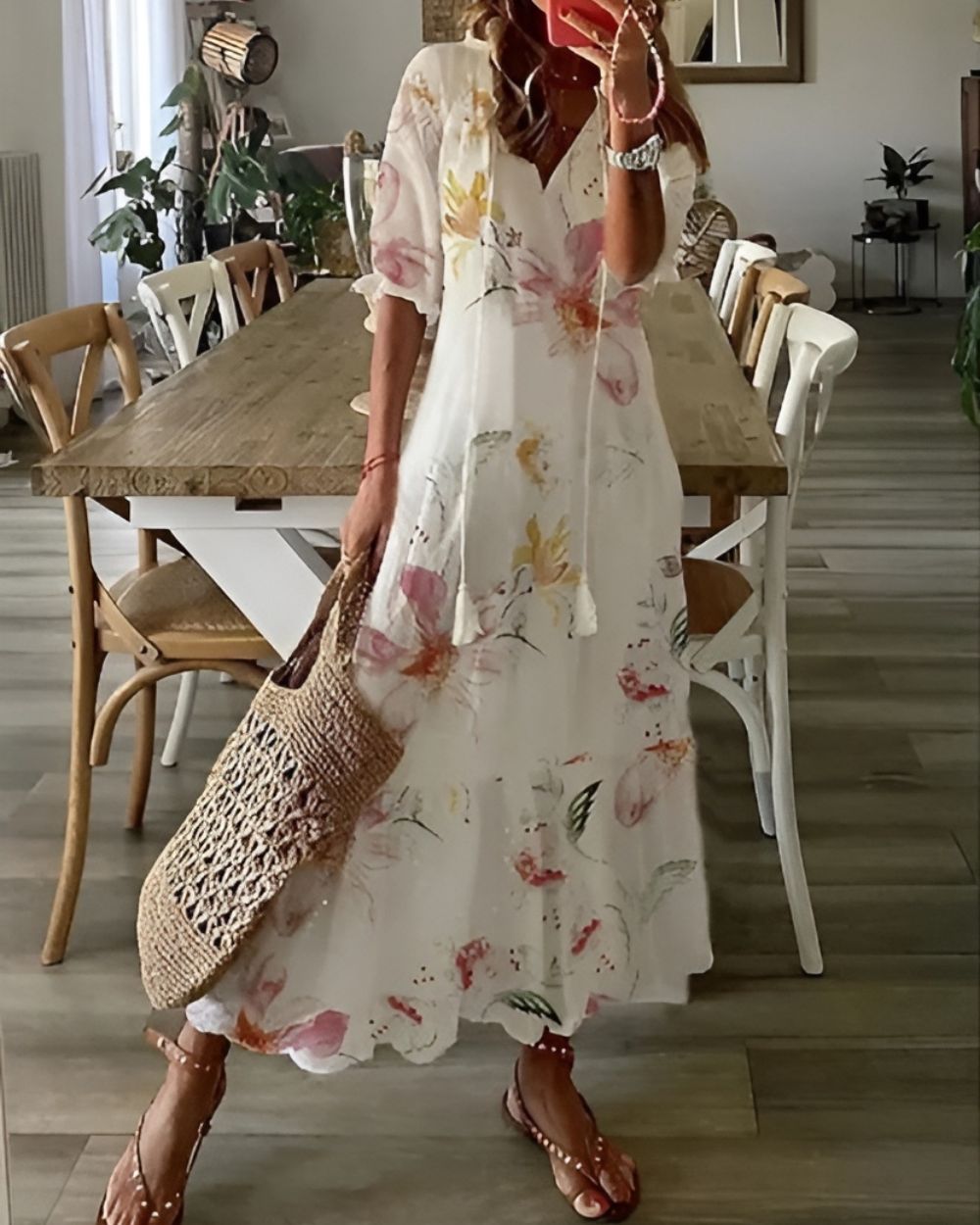 Marla | Women's Boho Print Loose Fit Midi Dress with Drawstring