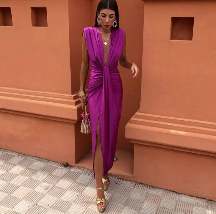 Maristelle | Women’s Sleeveless Deep V-Neck Draped Midi Dress with Front Knot