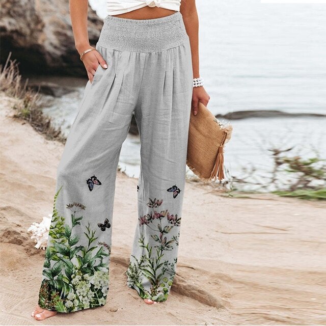 Soraya | Women’s Elastic High Waist Trousers with Floral Embroidered