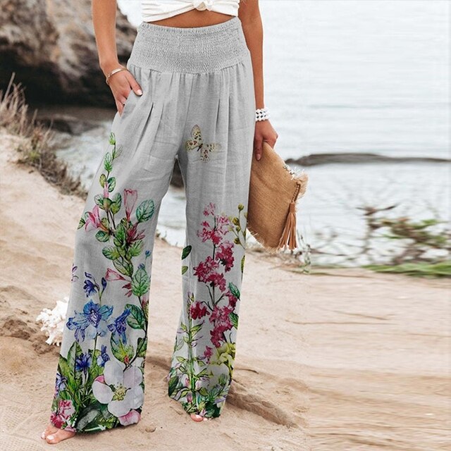Soraya | Women’s Elastic High Waist Trousers with Floral Embroidered