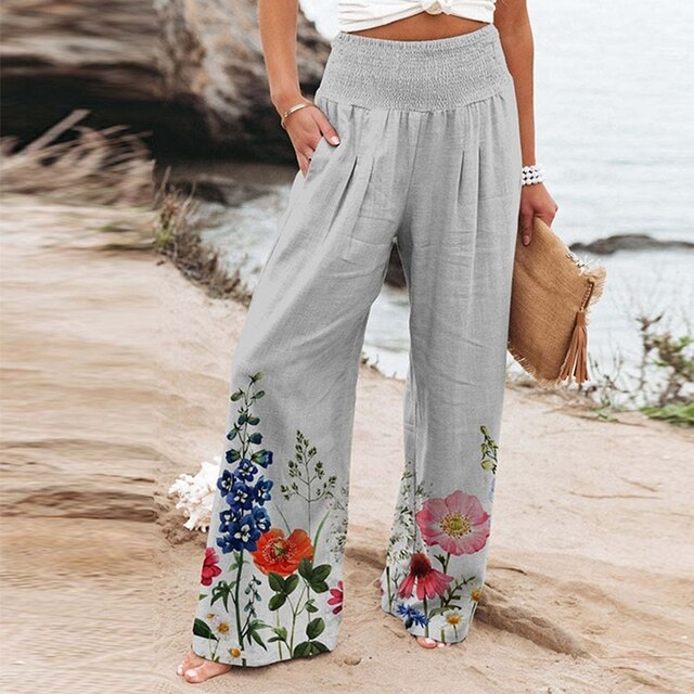 Soraya | Women’s Elastic High Waist Trousers with Floral Embroidered
