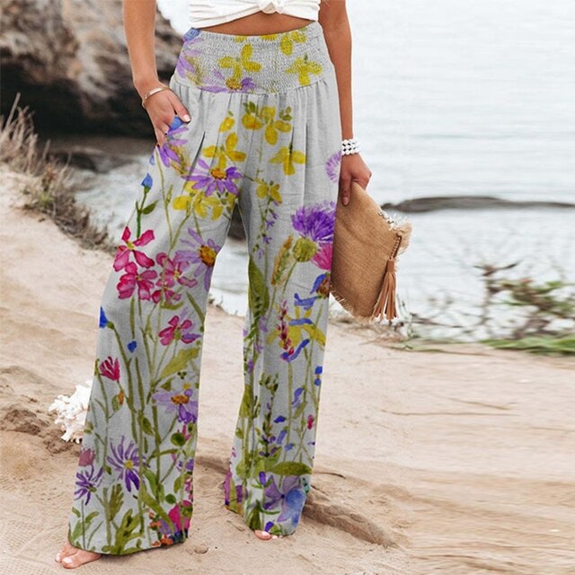 Soraya | Women’s Elastic High Waist Trousers with Floral Embroidered