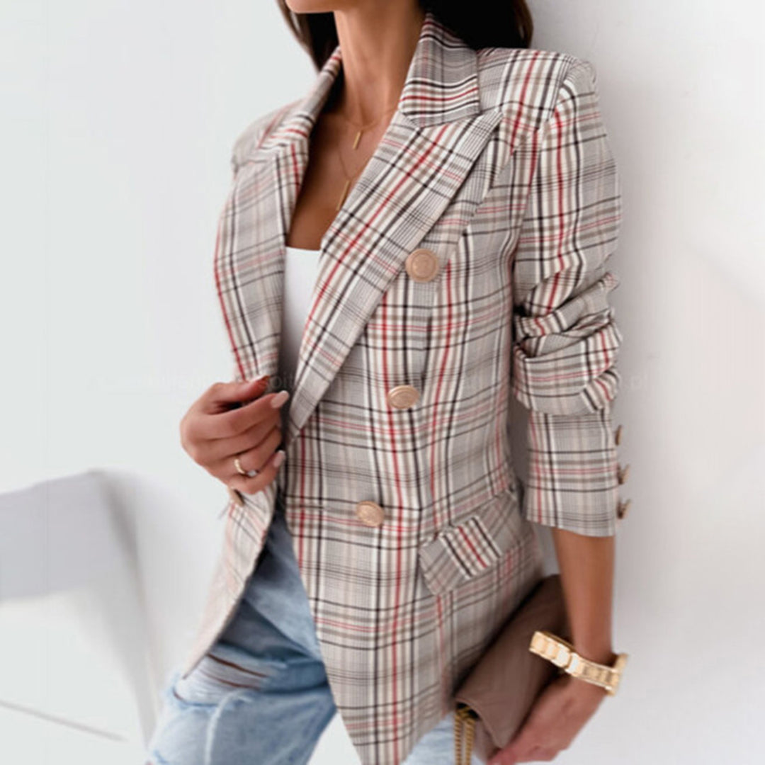 Thea | Women's Checkered Blazer with Gold Buttons