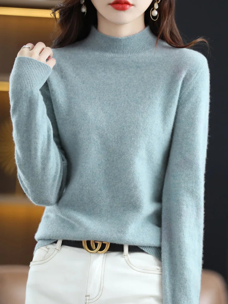 Elara | Women’s Round Neck Wool Knit Sweater with Ribbed Cuff