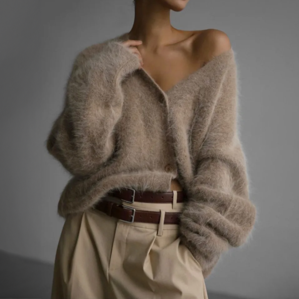 Anna | Women’s Fluffy V-neck Knit Cardigan with Buttons