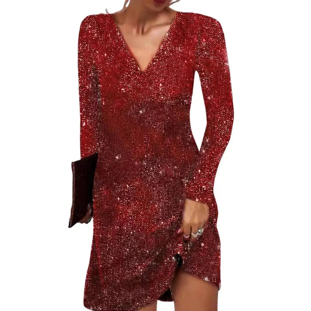 Brielle | Women’s Sequin Mini Party Dress with Long Sleeve and V-neck