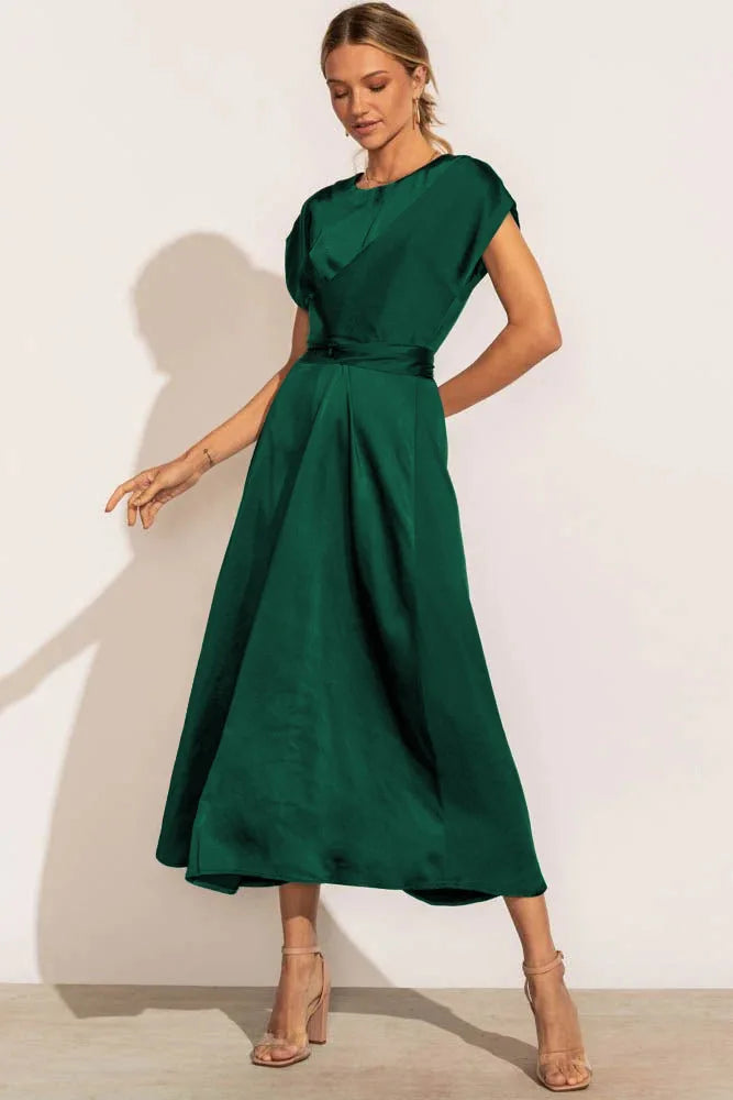 Seraphine | Women’s Elegant Satin Party Midi Dress with Short Sleeves