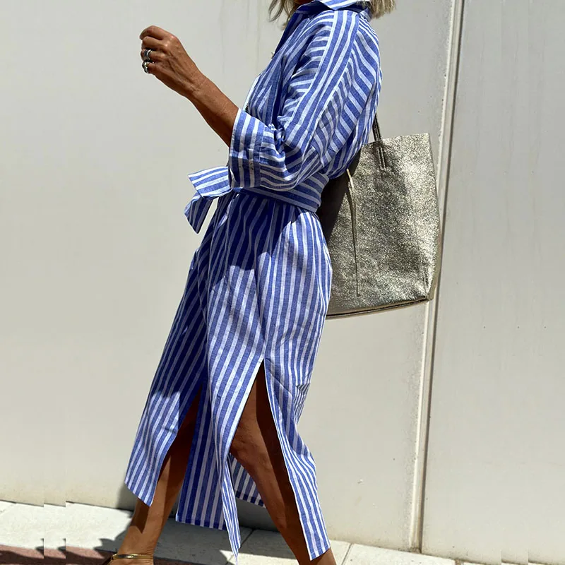 Charlene | Women’s Long Sleeve Striped Shirt Dress with Button Up