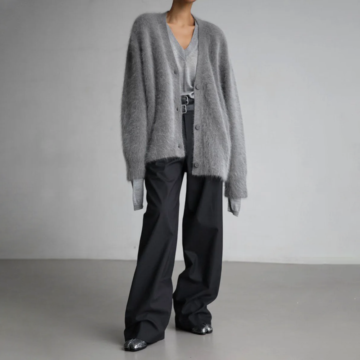 Anna | Women’s Fluffy V-neck Knit Cardigan with Buttons