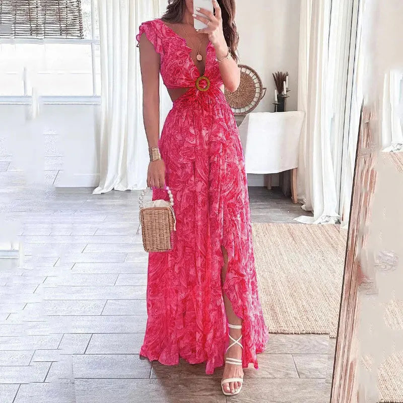Rosalie | Women’s Floral Cut-Out Maxi Dress with Ruffle Sleeves