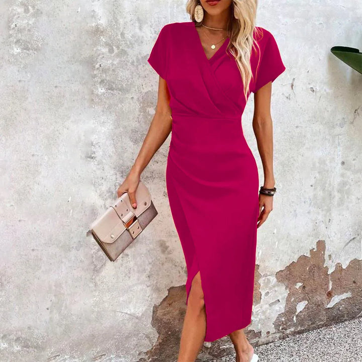 Giena | Women's Wrap Style Bodycon Dress with Slit and Short Sleeve