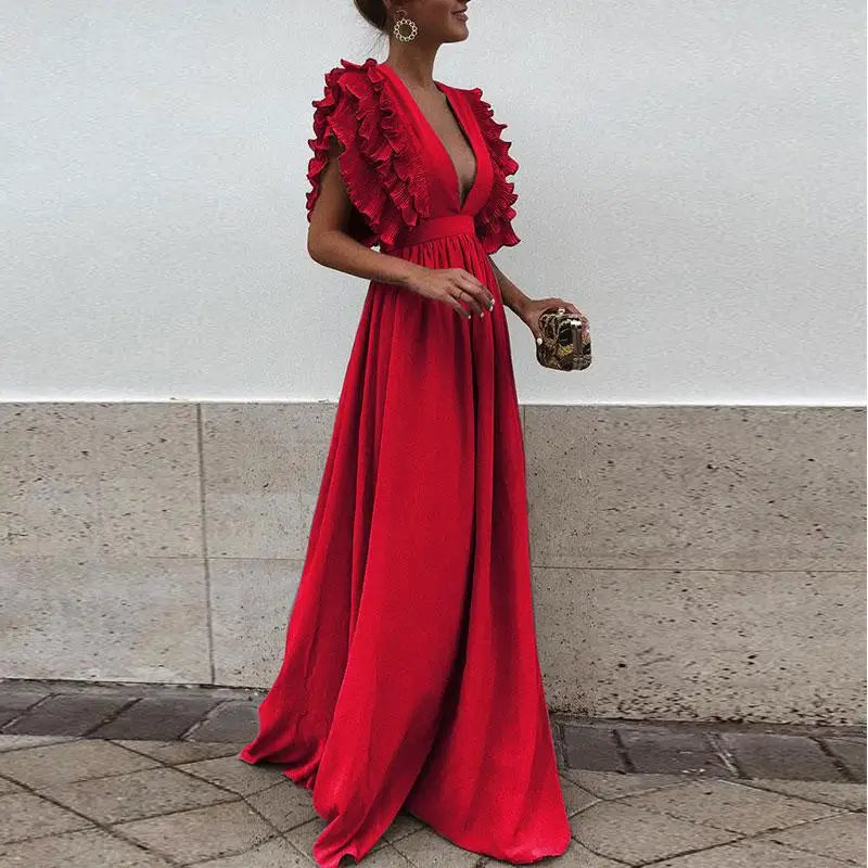 Selene | Women’s Elegant Maxi Dress with V-neck and Ruffle Sleeves