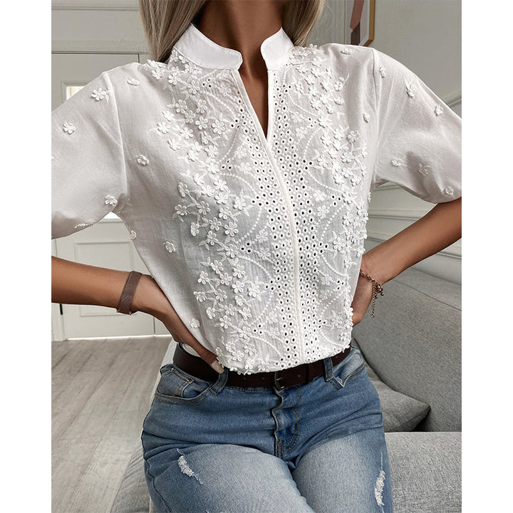 Luisa | Women’s Floral Puff Sleeve Blouse with Eyelet and Embroidered