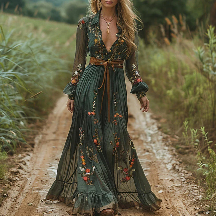Sylvara | Women's Bohemian Floral Maxi Dress with Long Sleeve and V-neck
