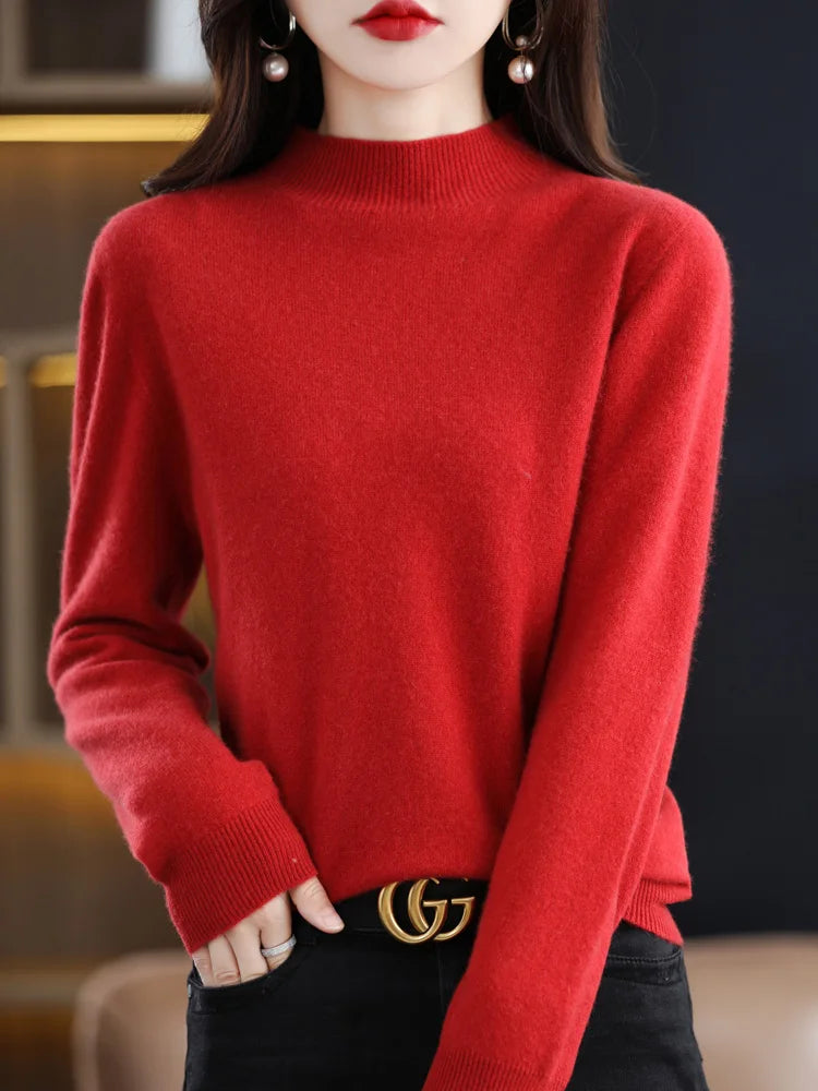 Elara | Women’s Round Neck Wool Knit Sweater with Ribbed Cuff