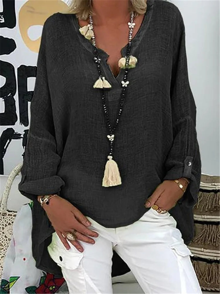 Sorrel | Women's Loose Linen Blouse with Long Sleeve and V-neck