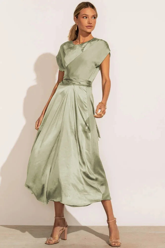 Seraphine | Women’s Elegant Satin Party Midi Dress with Short Sleeves