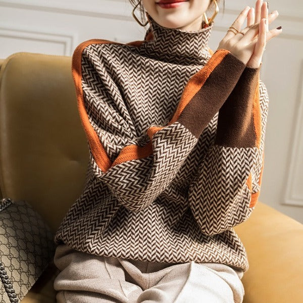 Viretta | Women's Herringbone Knit High Neck Sweater