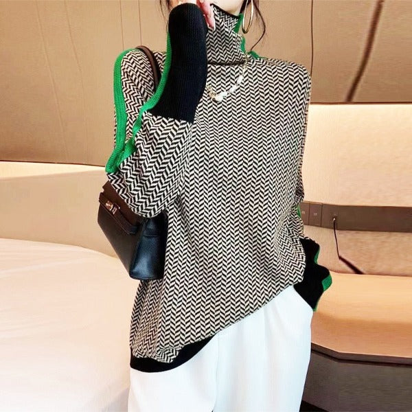 Viretta | Women's Herringbone Knit High Neck Sweater