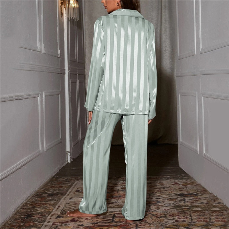 Lunelle | Women’s Long Sleeve Button-Up Pyjama Set with Satin Striped