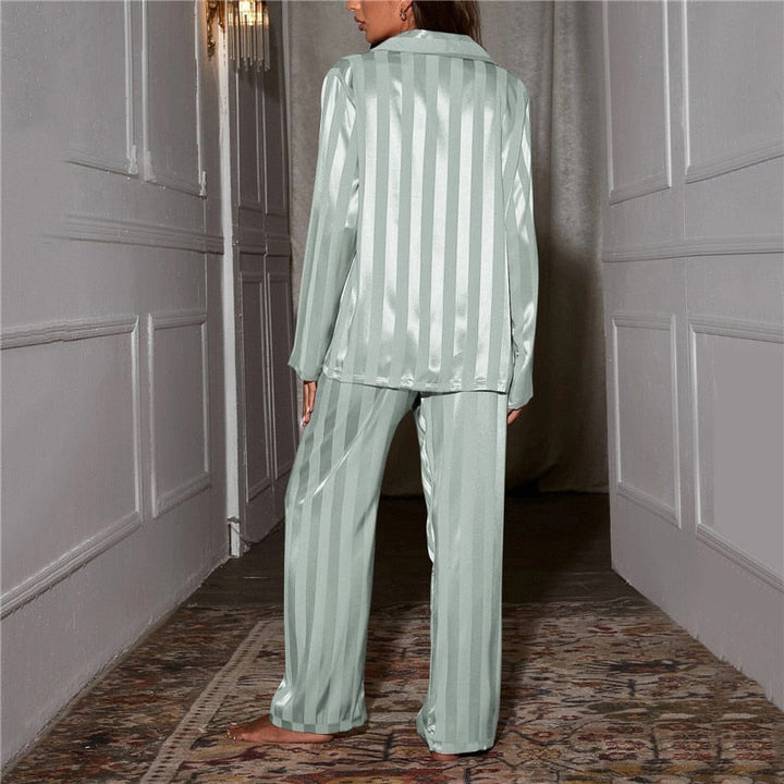 Lunelle | Women’s Long Sleeve Button-Up Pyjama Set with Satin Striped