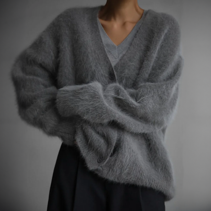 Anna | Women’s Fluffy V-neck Knit Cardigan with Buttons