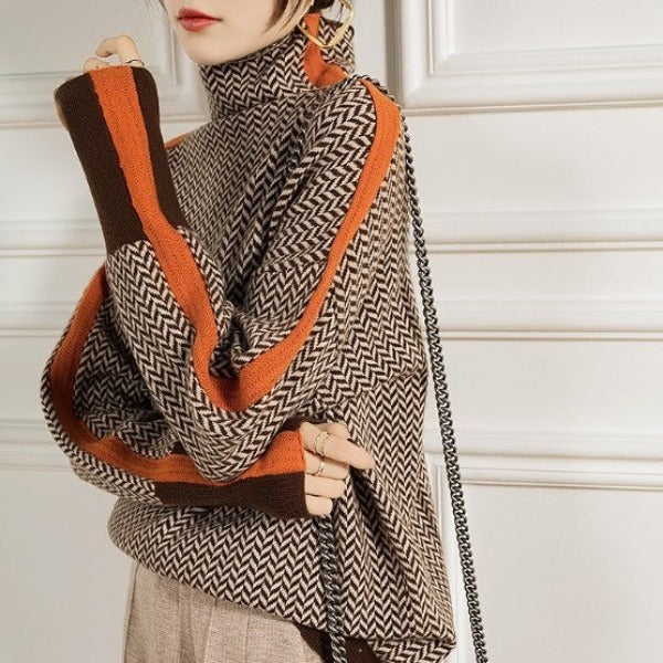 Viretta | Women's Herringbone Knit High Neck Sweater
