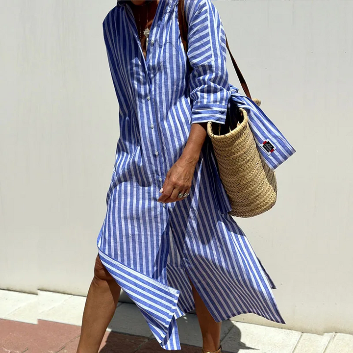 Charlene | Women’s Long Sleeve Striped Shirt Dress with Button Up