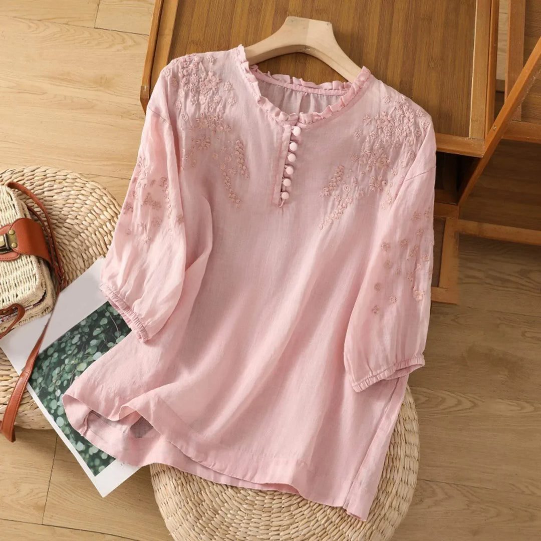 Delphine | Women's Embroidered Button Front Blouse with Half Sleeve