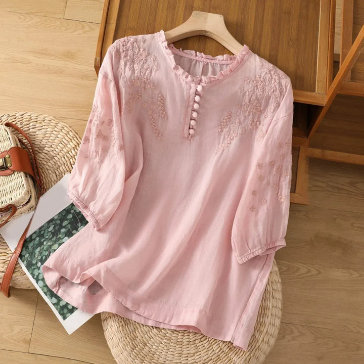 Delphine | Women's Embroidered Button Front Blouse with Half Sleeve
