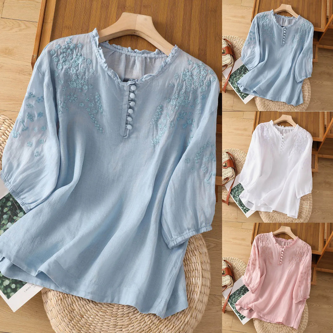 Delphine | Women's Embroidered Button Front Blouse with Half Sleeve