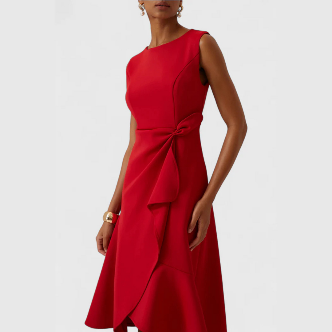 Sheila | Women’s Draped Asymmetric Sleeveless Midi Dress with Ruffle Detail